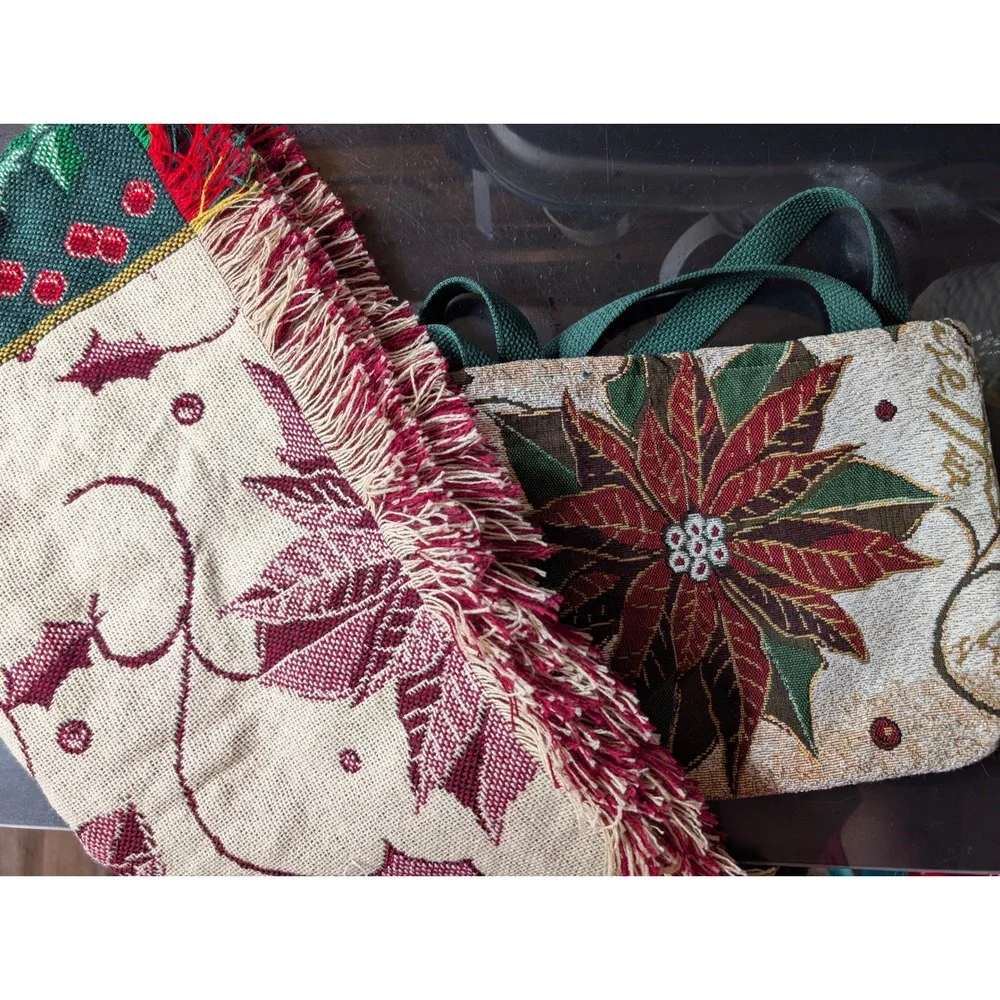 Vintage Christmas Holiday Poinsettia Tapestry Tote Bag & Blanket Fringe Acrylic